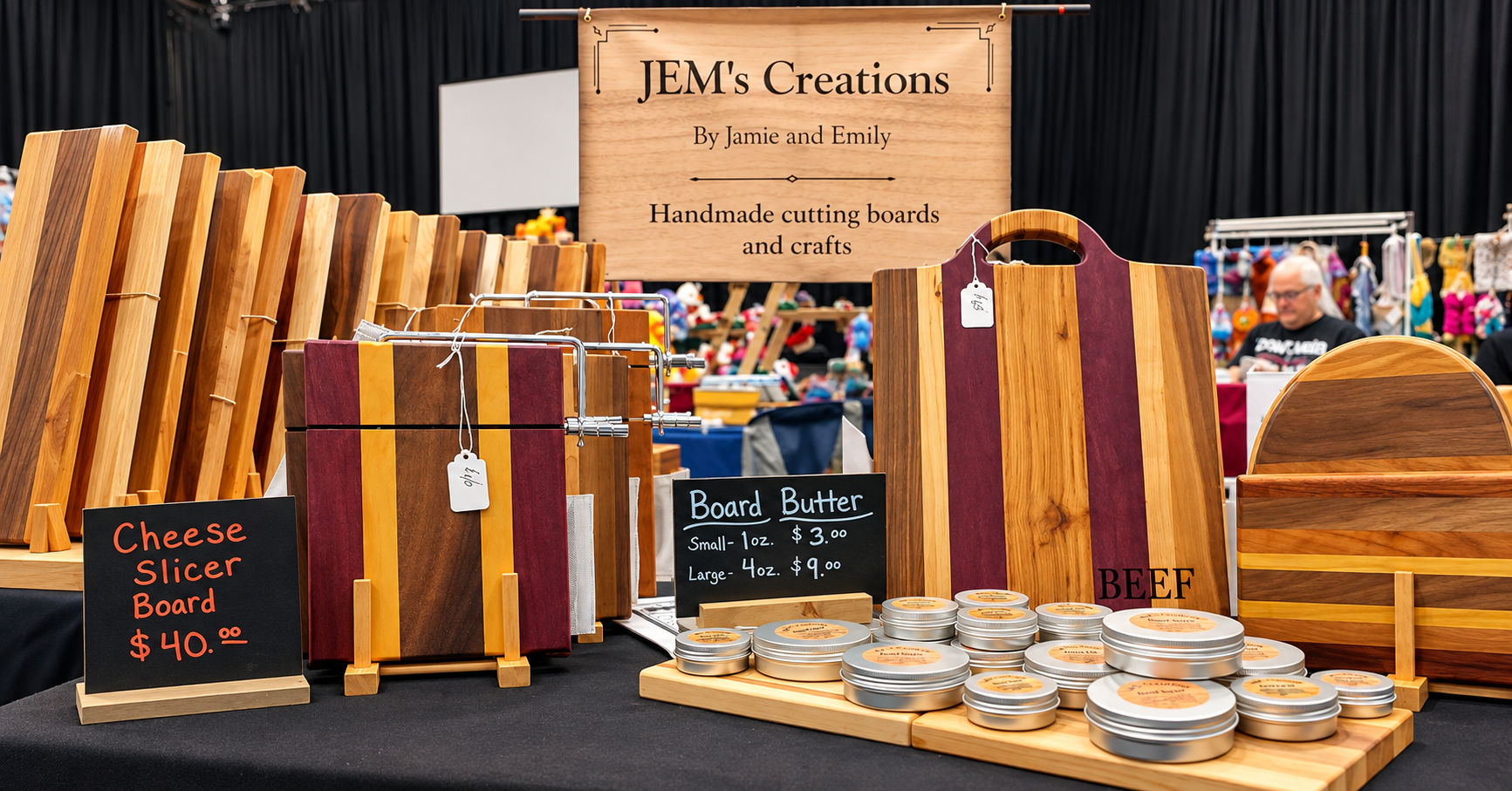 Handcrafted cutting boards, cheese slicer boards, and board care tins at a craft show display